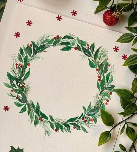 Wreath Painting Christmas, Christmas Wreath Painting Acrylic, Christmas Wresth, Christmas Wreath Painting, Christmas Wreath Art, Wreath Painting, Painted Wreath, Bow Drawing, Painted Christmas Cards