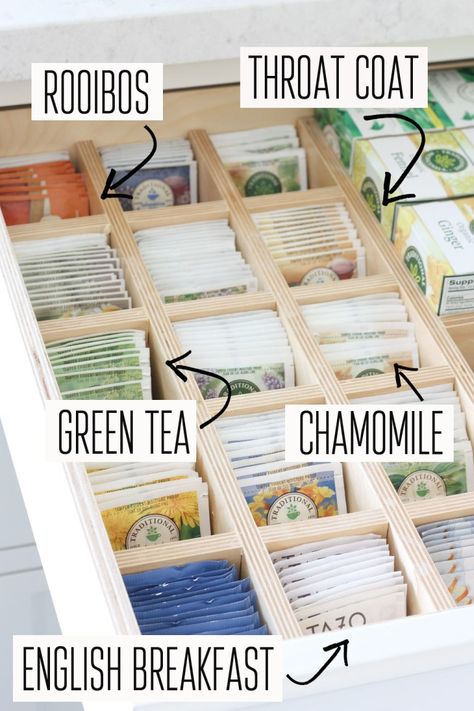 Tea Drawer Organization DIY: Our #1 Tea Trick! Pantry Tea Organization, Tea Pantry Ideas, Kitchen Tea Drawer, Yea Organization, Tea Organizer Drawer, Cute Ways To Display Tea Bags, Tea Bag Drawer Organizer, Coffee And Tea Drawer Organization, Tea Section Kitchen