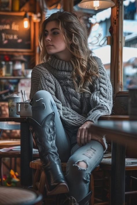 Winter Fall Outfits Women, Casual Cozy Fall Outfits, Southwest Outfits Women, Large Sweater Outfits, Womens Winter Boots Outfits, Winter Outfits Boots, Sweater Boots Outfit, Sweaters Outfit Ideas, Cozy Chic Outfit