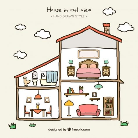 Hand-drawn house with different rooms Free Vector Vector Scenery, House Drawing For Kids, Eiffel Tower Art, Scenery Drawing, Research Poster, Cartoon House, Toddler Arts And Crafts, Eyes Drawing, Sketches Tutorial