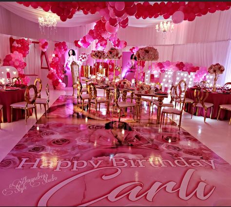 Sweet 16 Ceiling Decorations, Pink Themed Birthday Party Sweet 16, 15 Shades Of Pink Birthday Party, All Shades Of Pink Birthday Party, Shades Of Pink Theme Party, Big 21st Birthday Party Ideas, Pink Parties Ideas, Different Shades Of Pink Birthday Party, Pink Barbie Theme Party