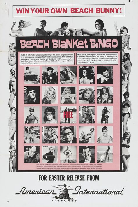 Movie Poster for the AIP film "Beach Blanket Bingo" (1965), starring Annette Funicello and Frankie Avalon Marta Kristen, Beach Blanket Bingo, Frankie Avalon, Annette Funicello, Linda Evans, Usa Party, Cult Movie, Buster Keaton, B Movie