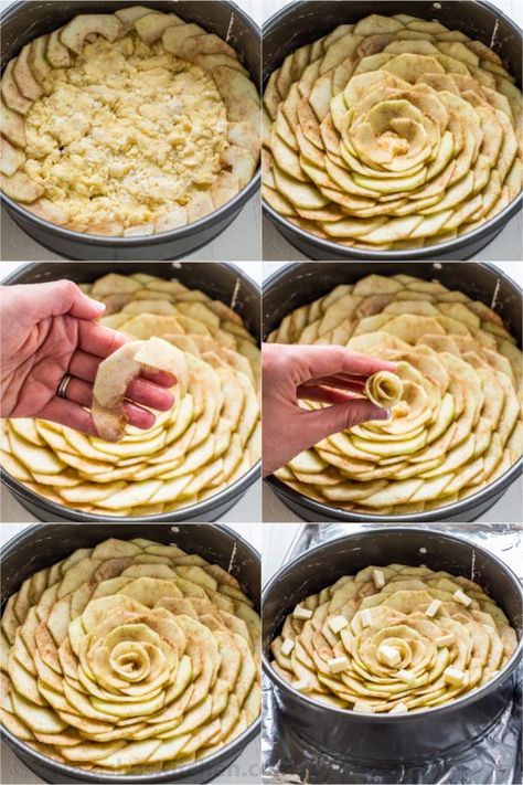 This Apple Tart is a looker! It's crowned with a beautiful rose pattern of sliced apples (and it's easier than you think!). The juices from the cinnamon-sugar coated apple slices, bake into the buttery soft crust. This apple rose tart is lightly sweet and completely irresistible. | natashaskitchen.com Apple Rose Tarte Tatin, Rose Apple Tart Recipe, Rose Apple Tart, Apple Dessert Recipes Healthy, Apple Rose Pie, Rose Tart, Apple Rose Tart, Apple Tart Recipe, Tartlets Recipe