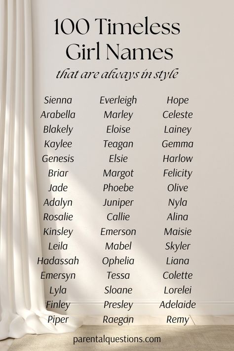 Searching for a classic and timeless girl name that's always in style? Explore our list of 100 beautiful classic baby girl names that you'll love! Whether you want vintage, traditional, or classic names, we have the best traditional baby girl names for you. Find timeless girl names and classic baby names right here! Baby Names Girl List, Girl Baby Names List, Girls Names List, Traditional Baby Girl Names, Classic Baby Names, Vintage Girl Names, Timeless Baby Names, Classic Baby Boy Names, Baby Names List