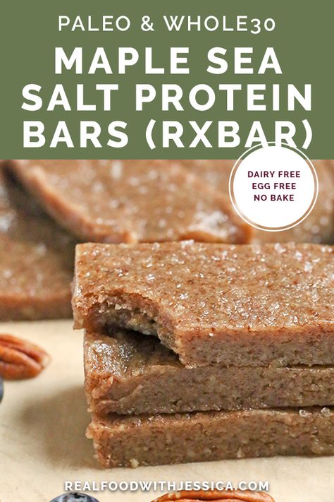 These Paleo Maple Sea Salt Protein Bars are a copycat version of the popular RXBAR. They are made with just a few simple, real ingredients. Gluten free, egg free, dairy free, and so easy to make! Maple Protein Bar, Grain Free Protein Bar, Whole Food Protein Bars, Whole 30 Protein Bar, Copycat Rx Bar Recipe, Copycat Rx Bars, Rxbar Recipe Copycat, Diy Rx Bars, Collagen Bars Recipe