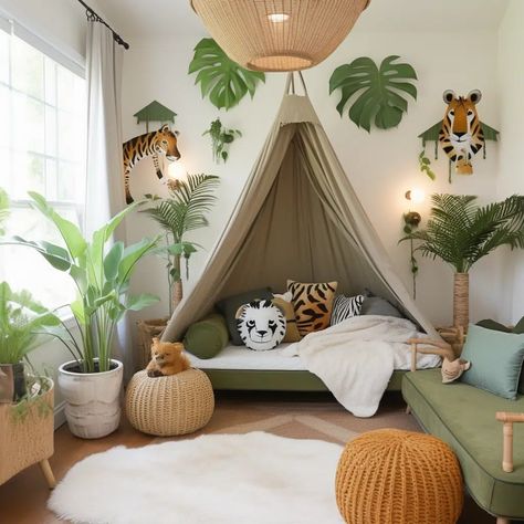 Jungle Journey Toddler Boy Bedroom Idea Image Jungle Playroom Ideas, Rainforest Theme Bedroom, Toddler Jungle Room, Bedroom Ideas Jungle, Toddler Jungle Bedroom, Girl Jungle Room, Kids Room Jungle Theme, Jungle Toddler Room, Jungle Room Ideas