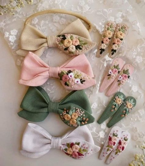 Hair Bow Tie, Embroidery Hair, Hair Bows Diy Ribbon, Baby Dress Embroidery, Embroidered Hair Bows, Bow Embroidery, Diy Hair Accessories Ribbon, Strawberry Hair, Fabric Hair Bows