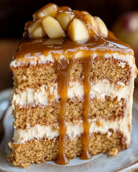 Apple Spice Caramel Cake, Caramel Apple Butter Cake, Carmel Apple Crumb Cake, Caramel Filled Cake, Apple And Caramel Cake, Caramel Sauce For Cake Filling, Maple Walnut Cake Recipes, Apple Cinnamon Layer Cake, Fall Wedding Cake Recipes