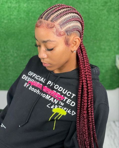 Burgundy Straight Back Braids, Stitch Braids Red Hair, Burgundy Straight Back Feed In Braids, Red Straight Back Braids, Burgundy Cornrows, Red Feed In Braids, Four Feed Ins Braids, Red Cornrows, Straight Back Feed In Braids