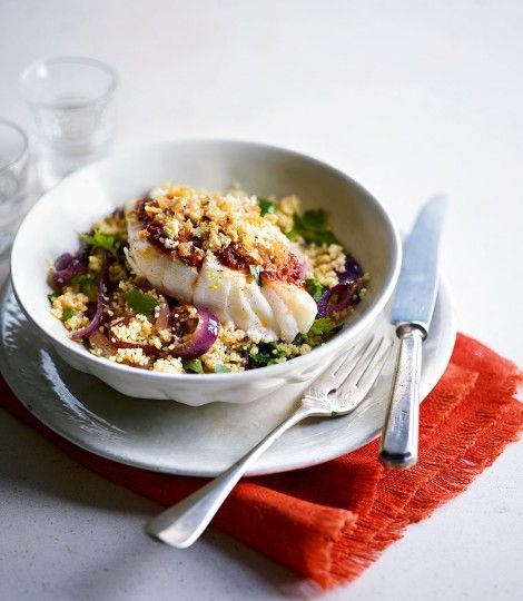 Breaded-harissa-cod-with-lemon-and-red-onion-couscous Cod Recipes Healthy, Couscous Recipes, Cod Recipes, Delicious Magazine, Fish Recipes Healthy, Lemon Pasta, Healthy Fish, Fish Dishes, Main Meals