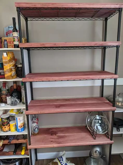 Quarantine project, made covers for ugly wire rack. - Imgur Wire Rack Makeover, Wire Shelving Unit Makeover, Wire Rack Cover, Wire Shelf Makeover, Wire Rack Shelving, Small House Storage, Shelf Makeover, Bookshelf Makeover, Hanging Bookshelves