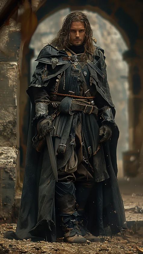 Midjourney AI Image: https://s.mj → more in ai-img-gen.com Male Warrior Fantasy Art, Hero Quest, Long Cloak, Dark Clothing, Mysterious Man, Art Male, Warrior Outfit, Dark Outfits, Long Brown Hair