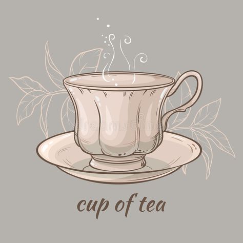 Cup of tea. Vector illustration with cup of tea on grey background royalty free illustration Teapot Drawing, Tea Cup Drawing, Teacup Tattoo, Cute Tea Cups, Tea Cup Art, Mug Drawing, Tea Illustration, Cup Art, Tea Art