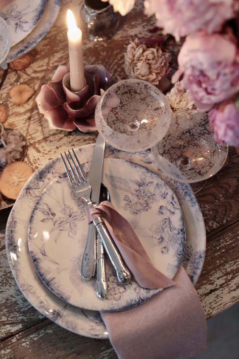 Blue & White Inspired - On the Table - French Country Cottage Blue White Plates, French Dinnerware, Plates Wall Decor, Courtney Allison, Warm Candle, Cottage Details, French Country Table, Plates Wall, Rustic Backdrop