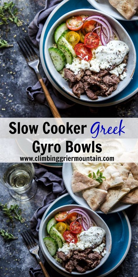 Gyro In A Bowl, Keto Gyro Bowl, Gyro Bowl Meal Prep, Slow Cooker Diet Recipes, Beef Greek Bowls, Steak Gyro Bowl, Greek Beef Bowl, Bowl Meals, Greek Gyros