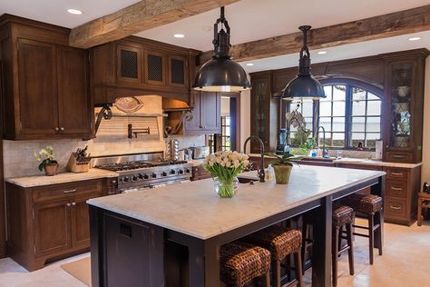 Tudor Kitchen Ideas, Tudor Style Kitchen, Tudor House Interior, Kitchen Hearth Room, Glass Upper Cabinets, Tudor Kitchen, Hamptons Ny, Traditional Style Home, Kitchen Arrangement