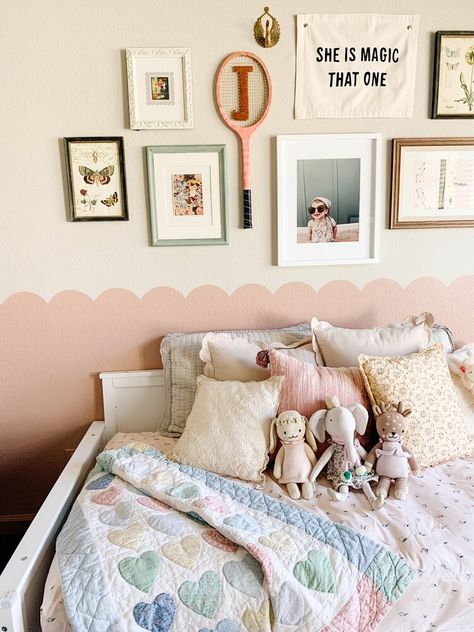 How to Update Your Playroom With This Easy DIY Scallop Wall — happy little homebodies Scallop Accent Wall Paint, Painting Scallops On Wall, Toddler Girl Bedroom Wall Decor, Wallpaper On Half Wall, Girls Room Scalloped Wall, Scallop Accent Wall, Pink Scallop Wall Nursery, Scallop Painted Wall Girls Room, Scalloped Accent Wall