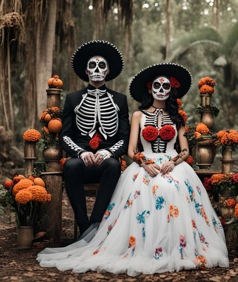 Day Of Dead Couple Costume, Witches Couple Costume, Day Of The Dead Halloween Costume, Day Of The Dead Couple Costume, Catrina Dress, Day Of Dead Costume, Witches Costume, Sandos Cancun, Day Of The Dead Celebration