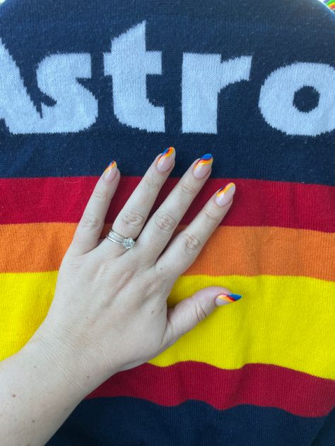 Nails done in Houston Astros colors. Blue, Red, Orange, and Yellow nails for #nailinspo Houston Astros Nail Designs, Astros Nail Designs, Space Jam Nails, Houston Astros Nails, Astros Nails, Houston Nails, Navy Blue Nail Designs, Yellow Nail Art, Navy Blue Nails