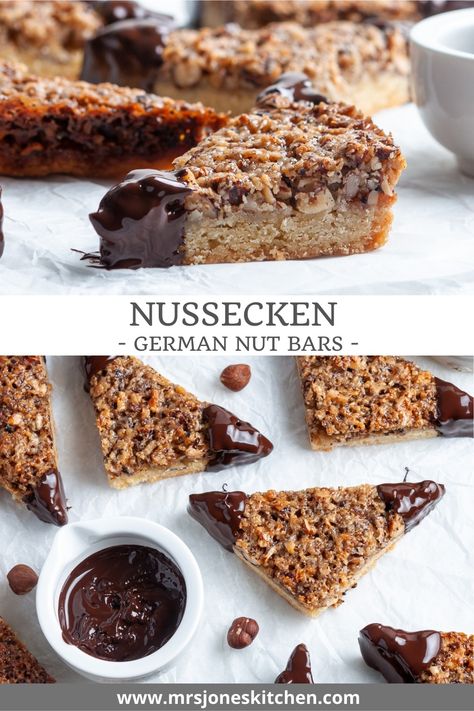 German Christmas Desserts, Hazelnut Dessert, German Dessert, Swiss Food, German Bakery, German Cookies, Chocolate Dipped Cookies, Nut Bars, German Desserts