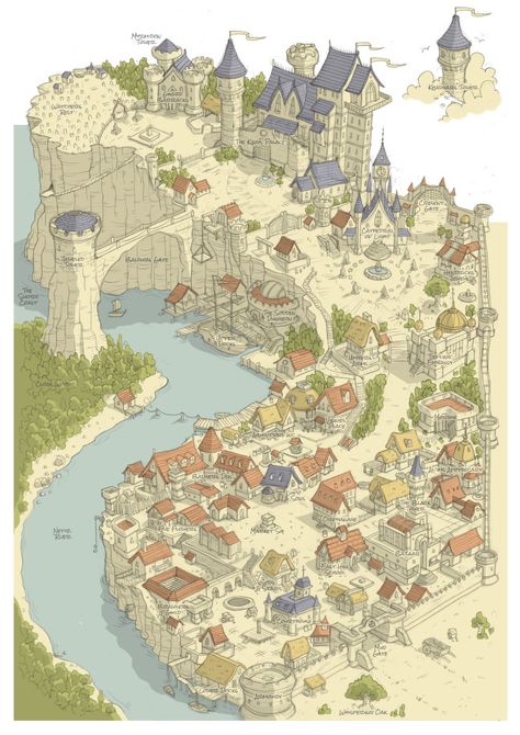 Baldur's Gate isometric perspective Fantasy Town Layout, Cliffside Town Fantasy Art, Fantasy City Layout, Fantasy Maps Castle, Lake Village Fantasy Art, River Town Fantasy Art, Map References Design, Medieval Town Map, Medieval City Layout