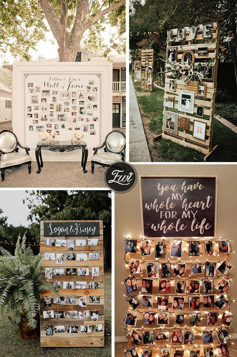 wedding photo display ideas for pallet collages Pallet Collage Photo Displays, Ways To Display Pictures At A Party, Picture Display For Wedding, Diy Photo Display Wedding, Pallet Photo Display, Acrylic Photo Display, Senior Tables, Wedding Photos Display, Pallet Picture Display