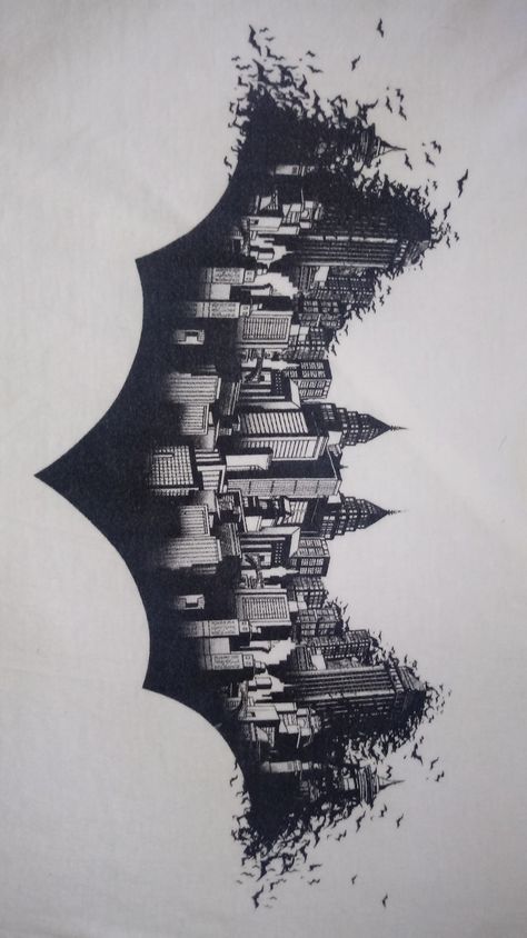 Batman And Gotham City, Batman Gotham City Tattoo, Gotham City Tattoo Ideas, Gotham City Silhouette, Batman Silhouette Tattoo, Batman Logo Painting, Batman T Shirt Design, Gotham Tattoo Ideas, Tattoo Ideas Batman