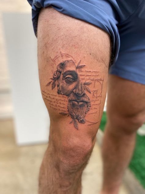 Male Greek Tattoos, Mens Tattoo Styles, Mens Mythology Tattoo, Tattoo Ideas For Men Greek Mythology, Male Arm Tattoo Ideas, Quad Men’s Tattoos, Biblical Imagery Tattoos, Greek And Roman Tattoos, Roman Greek Tattoos