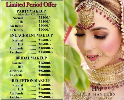 Beauty Parlour Board Ideas, Makeup Offer Banner, Bridal Makeup Price List, Makeup Menu Price List, Beauty Parlour Board Design, Price List Ideas, Makeup Checklist, Makeup Price List, Makeup Range