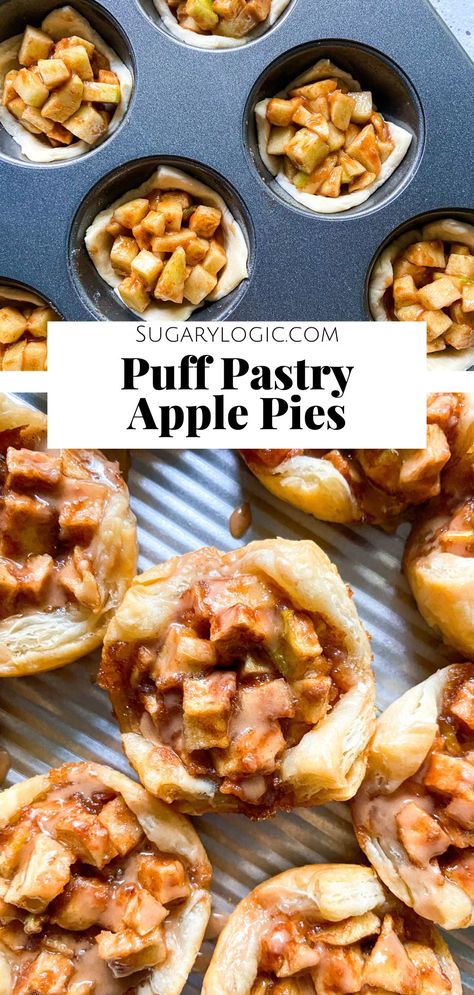 Discover the secret to making apple pies in a muffin tin! These mini apple pies are made from store-bought puff pastry and a fresh apple filling. They are quick to assemble in a cupcake pan and bake even faster. The flaky crust is buttery, while the apple filling is tart and sweet. Enjoy one fresh out of the oven! Mini Pies Easy, Easy Mini Apple Pies, Apple Recipes With Puff Pastry, Puff Pastry Apple Pie, Apple Pie Tarts, Mini Apple Pie Recipe, Apple Dessert Recipes Easy, Puff Pastry Recipes Dessert, Recipe Puff Pastry