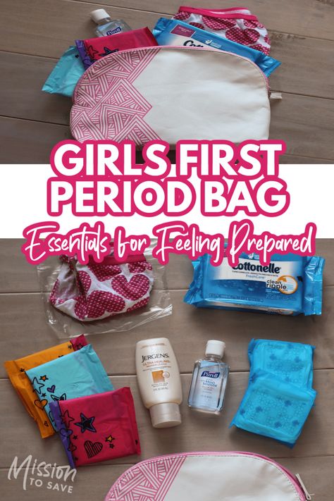 Help your tween feel prepared by creating this girls first period bag.  A few simple, yet essential personal care items can help a tween girl feel prepared. Period Pouch Ideas, Teen Period Kit, Period Pouch, Period Starter Kit, Period Bag, Emergency Kit For Girls, Period Supplies, Period Party, Period Box