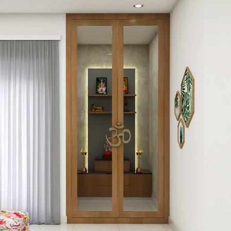 Pooja Space In Living Room, Pooja Room Design Small Spaces, Aristo Wardrobe, Small Pooja Room Ideas, Pooja Shelf, Navkar Mantra, Mandir Door, Mandir Ideas, Indian Living Room Design