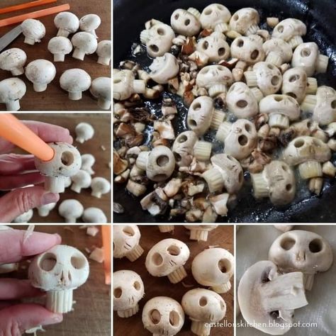 Skull Mushrooms, Recetas Halloween, Spooky Food, Halloween Dinner, Halloween Snacks, Halloween Food For Party, Japanese Sweets, Halloween 2020, Halloween Inspiration