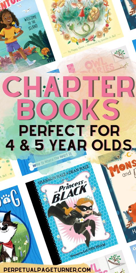 collage of book covers from post with a rainbow-ish text overlay that says "chapter books perfect for 4 & 5 year olds" Chapter Books To Read Aloud To Kids, Chapter Books For Kindergarten, Books For Kindergarteners, First Chapter Books, Good Book Recommendations, Early Chapter Books, Read Aloud Chapter Books, Kids Chapter Books, Books For Preschoolers