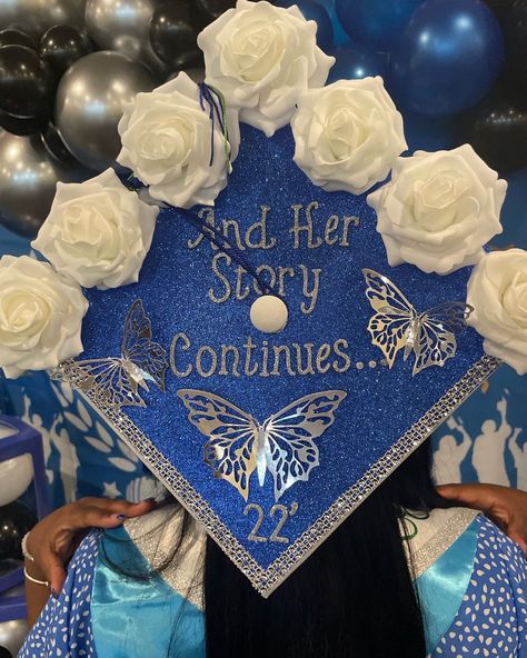 Blue And White Graduation Cap Ideas, Cute Cap Graduation Ideas, Royal Blue Cap Decoration, Royal Blue Graduation Cap Decoration, Butterfly Cap Ideas, Graduation Cap Designs Royal Blue, Light Blue Grad Cap Ideas, Cap Decoration Graduation 2023, Graduation Cap With Butterflies