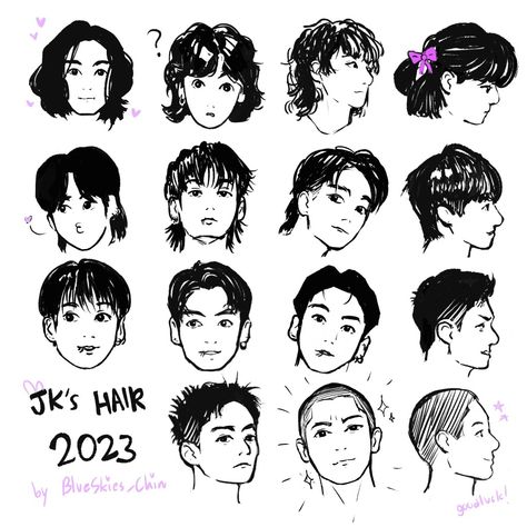 Jungkook fanart with different hairstyles in 2023 Jungkook Hairstyle, Jungkook Fanart, Kpop Drawings, Arte Sketchbook, Jungkook Aesthetic, Bts Drawings, Bts Chibi, How To Draw Hair, Jungkook Cute