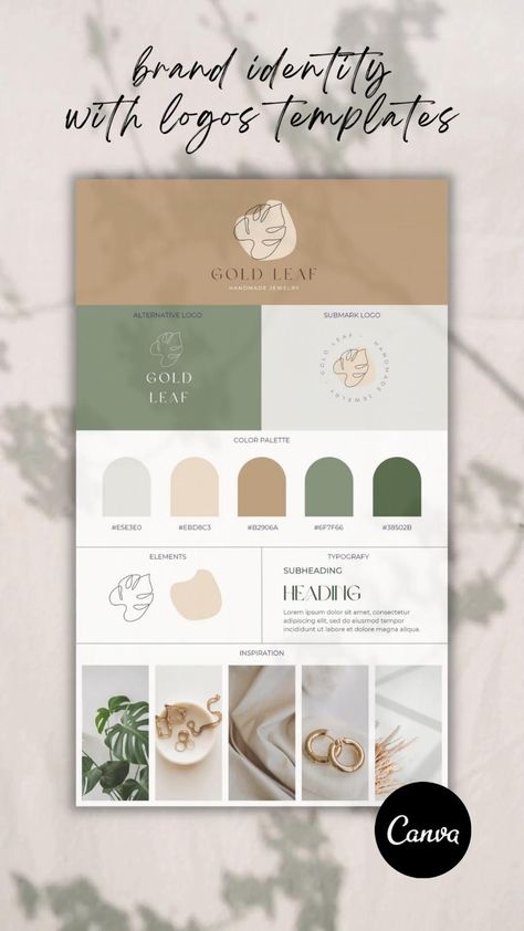 Brand Identity Canva Templates. Premade Boho Canva Color Palette, Elegant Logos, Brand Identity Colors, Boho Logo Design, Brand Board Template, Green Branding, Jewelry Logo Design, Instagram Branding Design, Brand Palette