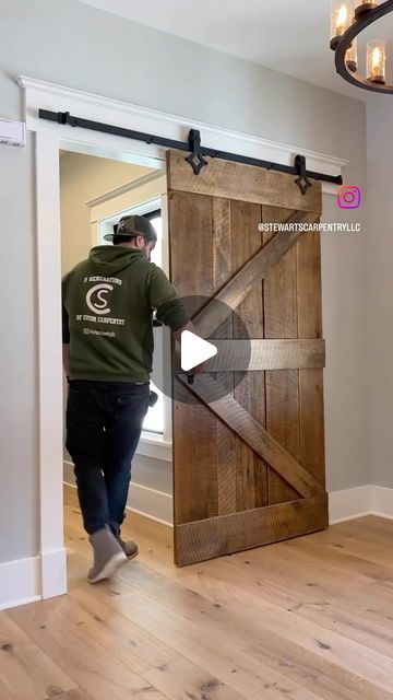 Collin Stewart on Instagram: "Reclaimed wood & white trim is just SO DAMN tasteful! Shout out to my boy Nick for letting me take part in his forever home! Hard to believe it’s already been a year! Cheers bro! #tbt #throwback   #barndoor #pantry #newhome #reclaimedwood #reclaimedlumber #farmhouse #throwbackthursday #wood #door #wooden #barnwood #barnboard #custom #farmhousestyle #reclaimed #rustic #loftdoor #salvaged #custommade  #farmhouse #rusticdecor #farmhousedecor #rusticstyle #farmhousestyle #interior #newhome #newbuild #built #slidingdoor #diy" Loft Door, Rustic Barn Door, Reclaimed Lumber, Barn Board, Door Trims, Barn Doors Sliding, Master Closet, White Trim, New Builds