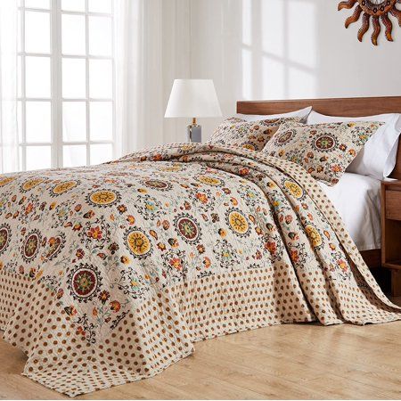 Create a Mid-Century Modern vibe in your bedroom with this Greenland Home Fashions Andorra bedspread set. Suzani medallions and floral crests adorn this 100% cotton bedspread set. Reverses to an all-over foulard print that also acts as a decorative border around the face. Each set comes with floor-length bedspread and two pillow shams. The Queen set comes with two standard pillow shams and the King set comes with two King-sized pillow shams. Pillow shams feature envelope opening on reverse with Shams Pillow, Lace Window, King Quilt Sets, Reversible Bedding, Queen Bedspread, Cotton Quilt Set, Cotton Bedspread, Quilted Sham, Bedspread Set