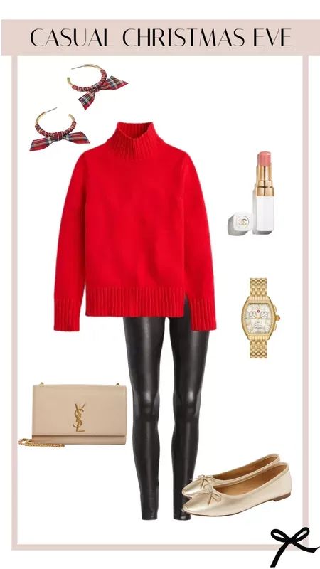 Christmas Event Outfit Casual, Women's Fashion Christmas Outfit, Red Jumper Dress Outfit, Christmas Outfit With Leggings, Business Casual Christmas Outfit, Leather Pants Christmas Outfit, Red Turtle Neck Outfit, Casual Christmas Eve Outfit, Christmas Eve Outfit Women