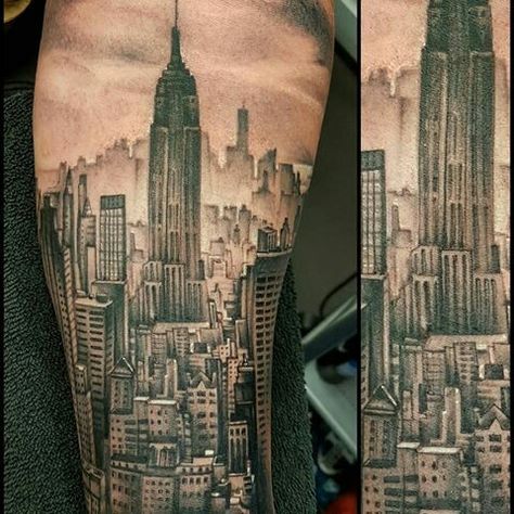 Nyc Skyline Tattoo, West Tattoo, Tattoo New York, Building Tattoo, Skyline Tattoo, Tattoo New, Building Background, New York Tattoo, Nyc Tattoo