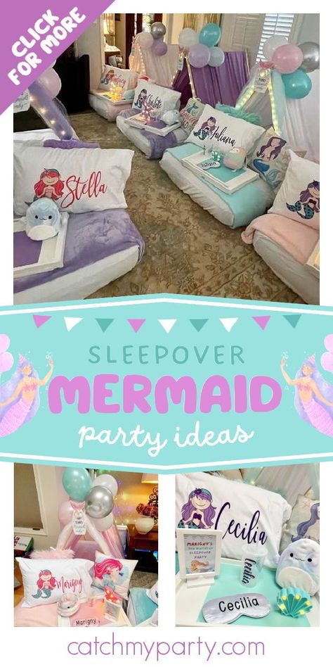 Mermaid Theme Sleepover Party, Mermaid Themed Sleepover, Mermaid Slumber Party Ideas, Mermaid Sleepover Party, Mermaid Slumber Party, Mermaid Sleepover, Birthday Teepee, Birthday Tent, Slumber Party Favors