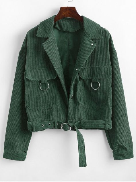 [29% OFF] [POPULAR] 2019 Button Up Pockets Belted Corduroy Jacket In GREEN | ZAFUL    Crafted from corduroy fabric, this casual jacket with a brief solid color hue features button-front closure, two big pockets at the front with o-ring embellishment. The coordinating belt tied around the waist adds charm and fashion. Occasions: Daily Clothes Type: Jackets Style: Casual Material: Cotton,Polyester Type: Wide-waisted Length: Regular Sleeves Length: Full Sleeve Type: Drop Shoulder Col... Fashion Design Clothes, Girls Fashion Clothes, Corduroy Jacket, Inspiration Mode, Casual Jacket, Cute Casual Outfits, Jacket Style, Look Fashion, Jacket Outfits