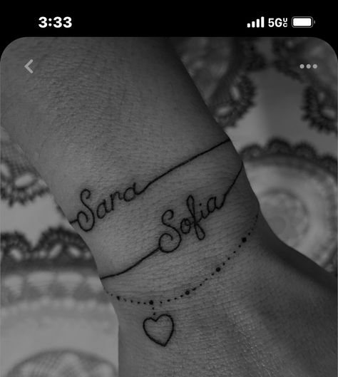 Name Tattoo Bracelet Wrist, Anklet Tattoos With Names, Tattoo Ideas With Childs Name, Tattoo Name Bracelet, Bracelet Tattoos For Women With Name, Daughter Names Tattoo Ideas Mom, 2 Kids Names Tattoos For Women, Name Bracelet Tattoos For Women Wrist, Children’s Name Tattoo Ideas