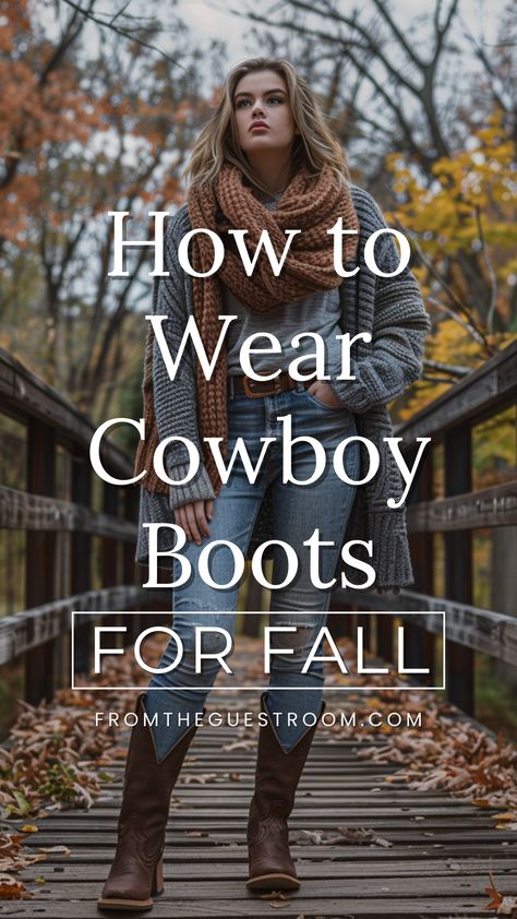 a woman wears cowboy boots for fall, western outfits Cowboy Boots Fall 2024, Cowboy Boot Outfits Street Style, Western Chelsea Boots Outfit, Styling Cowboy Boots Women Casual, Tights And Cowboy Boots Outfit, Ways To Wear Cowboy Boots, Womens Tall Boots Outfit, Style Cowboy Boots Women Winter, Cowboy Boots Outfits Women