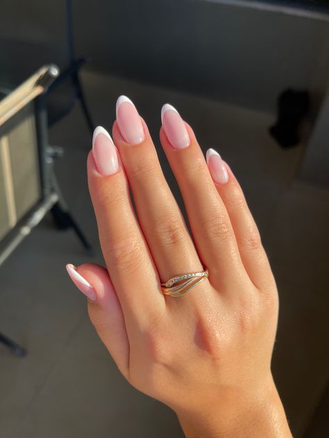 Pink White Tips Nails, White French Tip Aesthetic, Pink And White Nails Gel French Tips, Natural Almond Nails French, White On Pink French Tip, Gel X French Tip Nails Almond, French Tips Coloured, Senior Picture Nail Ideas, Light French Nails