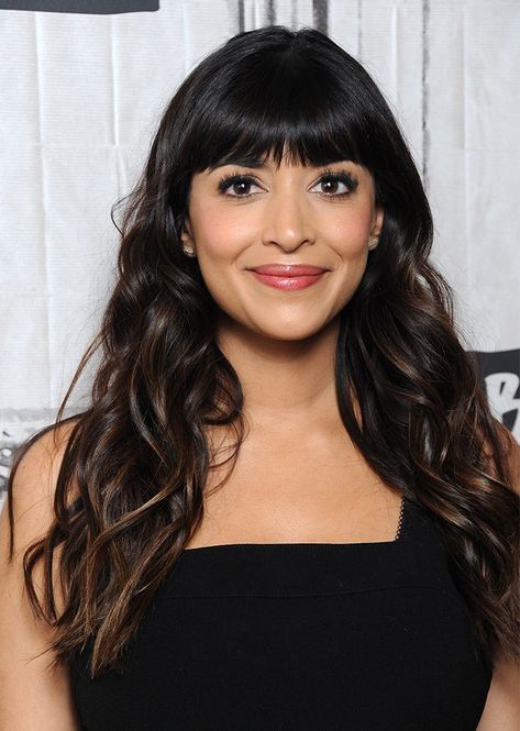 Celebrities With and Without Bangs | Hannah Simone Type Of Bangs, Emma Watson Hair, Hannah Simone, Straight Across Bangs, Hair Evolution, Pulled Back Hairstyles, Straight Bangs, Trending Hairstyles, Celebrity Hairstyles