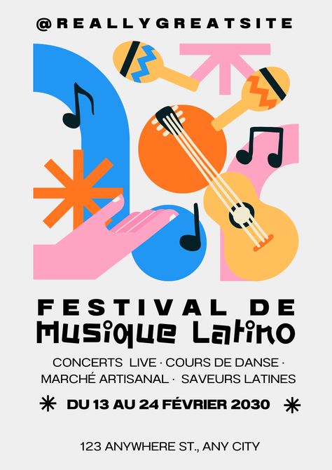 Utilisez ce design by @coraiistudio personnalisable sur Canva et découvrez d'autres créations gratuit & pro 🎨 #design #canva #template #modèle #graphiste Latin Design Inspiration, Festival Flyer Design Inspiration, Latin Graphic Design, Latin Poster, Festival Graphic Design, Music Festival Branding, Latin Design, Concert Poster Design, Concert Flyer