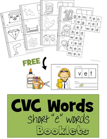 FREE CVC Short e vowel word booklets for preschool, prek, kindergarten, and first grade to cut and paste, write and color. These are such a fun way for kids to practice sounding out and spelling with an emergent reader type book. Cvc Worksheets Free, I Words, Short I Words, 123 Homeschool 4 Me, Short E Words, Phonics Cvc, Cvc Worksheets, Cvc Words Worksheets, Vowel Activities