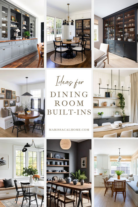 Let's break down all the types of dining room built-ins and if they're right for your space.  Besides adding beauty and storage, a benefit to dining room built-ins is getting rid of a big empty wall that is so common in builder-grade homes these days.  Extra cabinets and window seats in a dining room or breakfast nook are great, but won’t work for every space. How can you figure out if they’re right for your room? Dining Room Built In Buffet Under Window, Dining Room Turned Homeschool Room, Dinning Room Buffet Cabinet Built In, Dining Room Built Ins Around Window, Shelving In Dining Room, Dining Room Storage Wall, Entry Dining Room Combo, Dining Cabinet Design, Dining Room Shelving Ideas